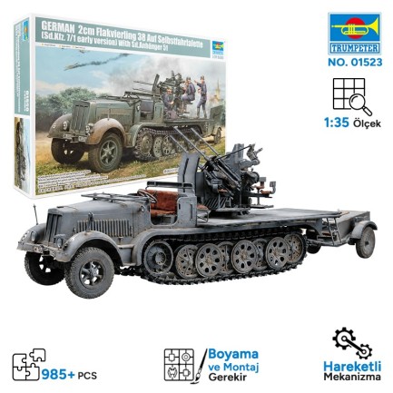 Trumpeter 01523 2cm Flakvierling 38 auf Selbstfahrlafette (Sd.Kfz.7/1early version) Maket Model Kit - Thumbnail