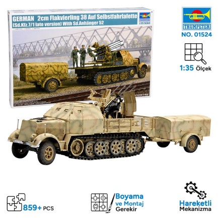 Trumpeter 01524 German 2cm Flakvierling 38 auf Selbstfahrlafette (Sd.Kfz.7/1 Late Version) Maket Model Kit - Thumbnail