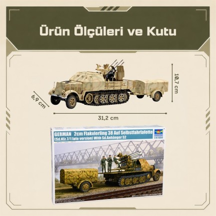 Trumpeter 01524 German 2cm Flakvierling 38 auf Selbstfahrlafette (Sd.Kfz.7/1 Late Version) Maket Model Kit - Thumbnail