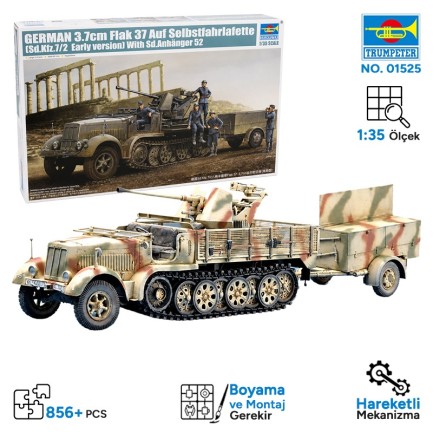 Trumpeter 01525 German 3.7cm Flak 37 auf Selbstfahrlafette (Sd.Kfz.7/2 Early Version) Maket Model Kit - Thumbnail