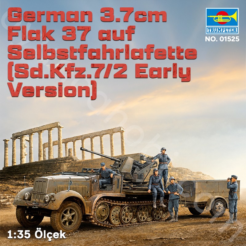Trumpeter 01525 German 3.7cm Flak 37 auf Selbstfahrlafette (Sd.Kfz.7/2 Early Version) Maket Model Kit