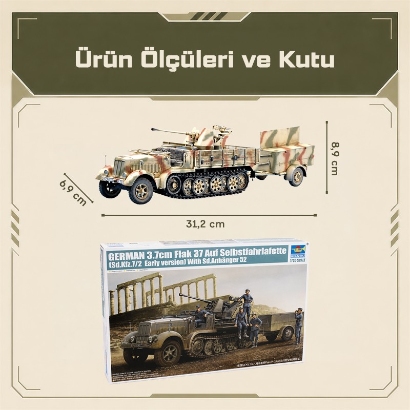 Trumpeter 01525 German 3.7cm Flak 37 auf Selbstfahrlafette (Sd.Kfz.7/2 Early Version) Maket Model Kit