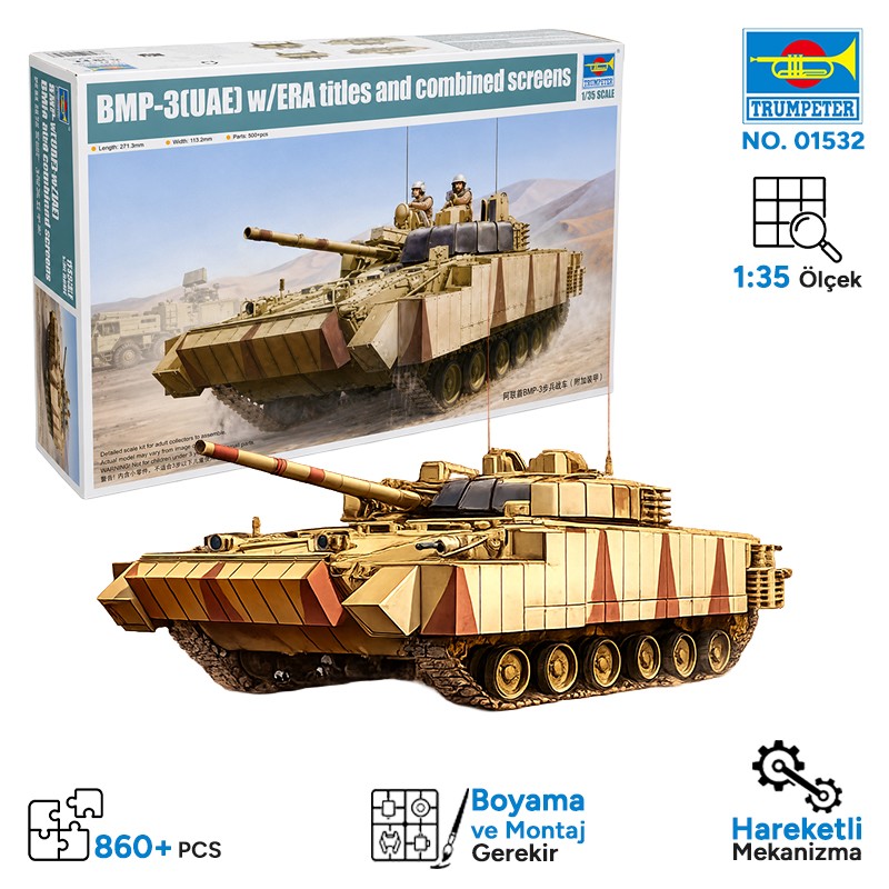 Trumpeter 01532 BMP-3(UAE) w/ERA titles and combined screens Maket Model Kit