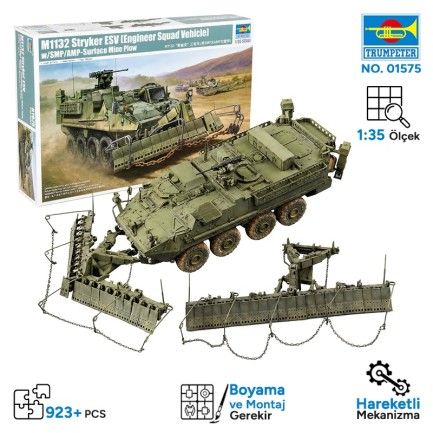 Trumpeter - Trumpeter 01575 M1132 Stryker Engineer Squad Vehicle w/SMP-Surface Mine Plow/AMP Maket Model Kit