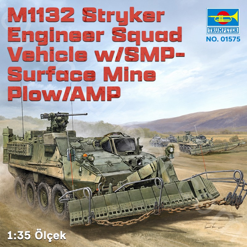 Trumpeter 01575 M1132 Stryker Engineer Squad Vehicle w/SMP-Surface Mine Plow/AMP Maket Model Kit