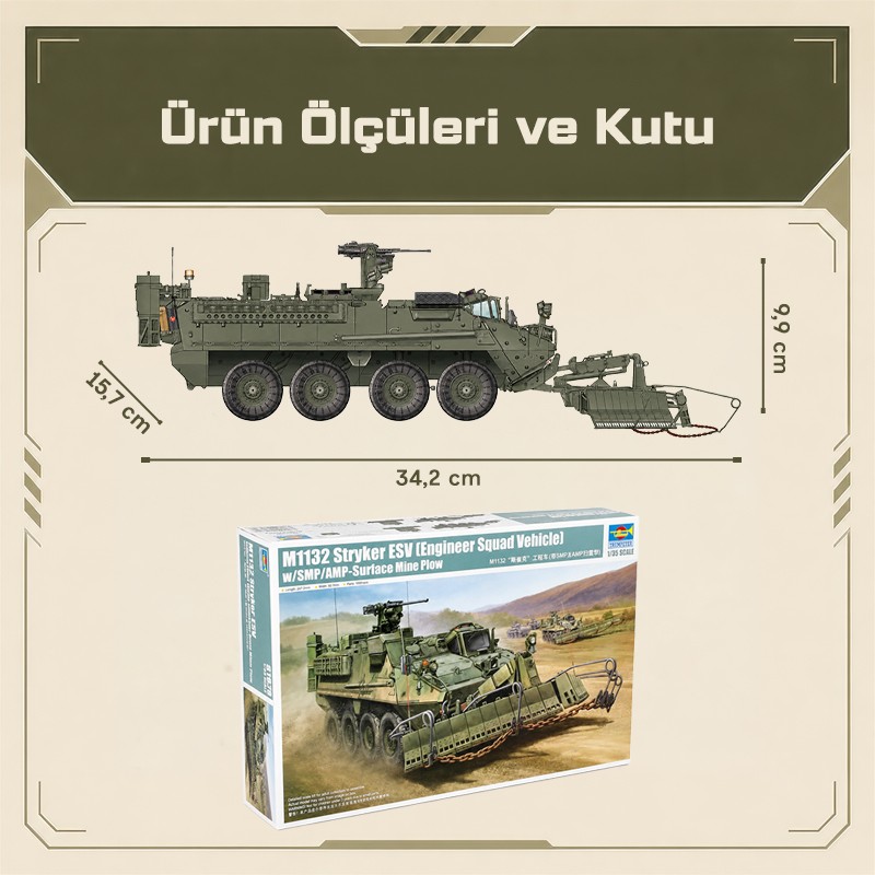 Trumpeter 01575 M1132 Stryker Engineer Squad Vehicle w/SMP-Surface Mine Plow/AMP Maket Model Kit