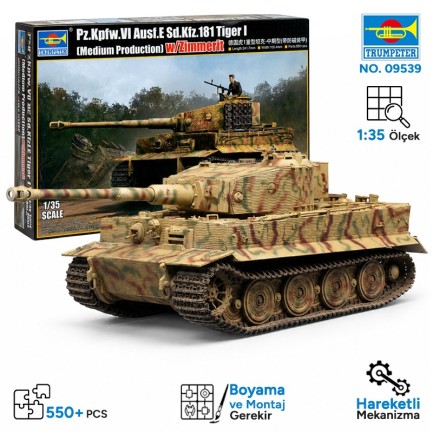 Trumpeter - Trumpeter 09539 Pz.Kpfw.VI Ausf.E Sd.Kfz.181 Tiger I (Medium Production) w/ Zimmerit Maket Model Kit