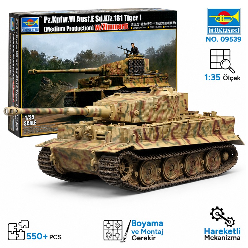 Trumpeter 09539 Pz.Kpfw.VI Ausf.E Sd.Kfz.181 Tiger I (Medium Production) w/ Zimmerit Maket Model Kit