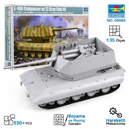 Trumpeter - Trumpeter 09585 E-100 Flakpanzer w/12.8cm Flak 40 Maket Model Kit