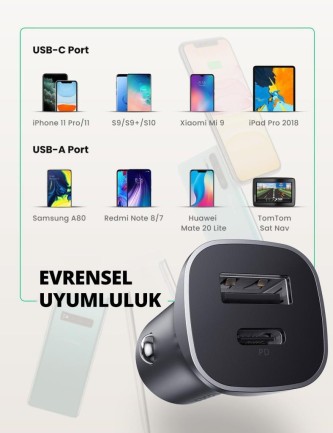 Ugreen 18W Type-C PD 4.0 ve QC 3.0 USB Hızlı Araç Şarj Cihazı - Thumbnail