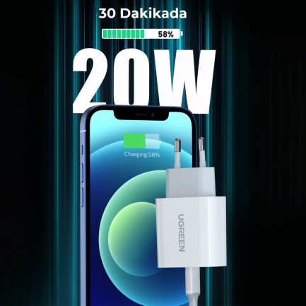 Ugreen 20W PD Şarj Cihazı ve PD to Lightning iPhone Data Şarj Kablosu 1 Met - Thumbnail