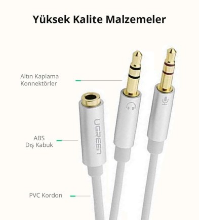 Ugreen 3.5mm Kulaklık ve Mikrofon Birleştirici Y Kablo Beyaz - Thumbnail