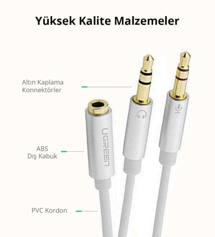 Ugreen 3.5mm Kulaklık ve Mikrofon Birleştirici Y Kablo Beyaz