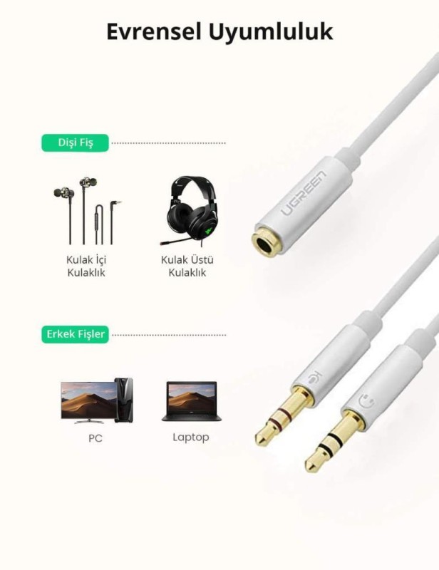 Ugreen 3.5mm Kulaklık ve Mikrofon Birleştirici Y Kablo Beyaz