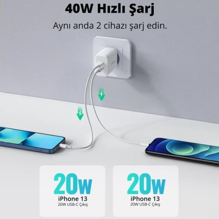 Ugreen 40W Çift Çıkışlı USB Type-C PD Şarj Cihazı - Thumbnail