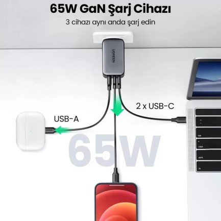 Ugreen 65W USB Type-C QC 4.0 PD 3.0 GanX 3 Portlu Hızlı Şarj Cihazı - Thumbnail