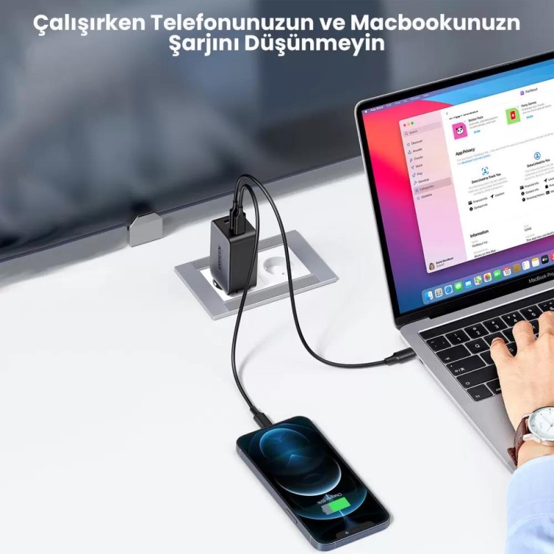 Ugreen 65W USB Type-C QC 4.0 PD 3.0 GanX 3 Portlu Hızlı Şarj Cihazı