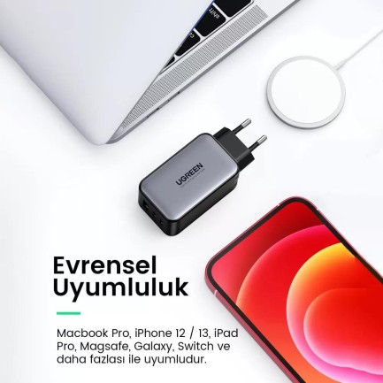 Ugreen 65W USB Type-C QC 4.0 PD 3.0 GanX 3 Portlu Hızlı Şarj Cihazı - Thumbnail