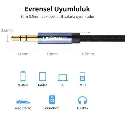 Ugreen 90 Derece L Tipi 3.5mm Aux Ses Kablosu 1 Metre - Thumbnail