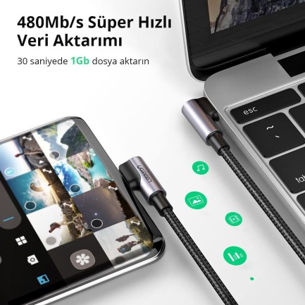 Ugreen 90 Derece Type-C to Type-C 60W Data ve Şarj Kablosu - Thumbnail