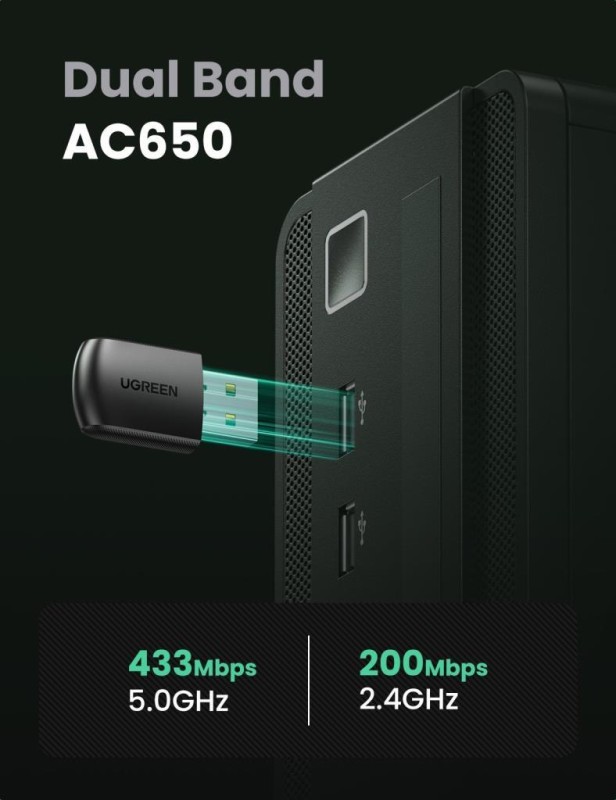 Ugreen AC650 2.4 ve 5GHz Dual Band USB WiFi Alıcı Ağ Adaptörü