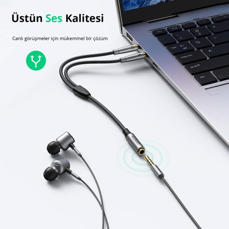 Ugreen Alüminyum Örgülü 3.5mm Kulaklık ve Mikrofon Ayırıcı Kablo