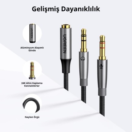 Ugreen Alüminyum Örgülü 3.5mm Kulaklık ve Mikrofon Ayırıcı Kablo - Thumbnail