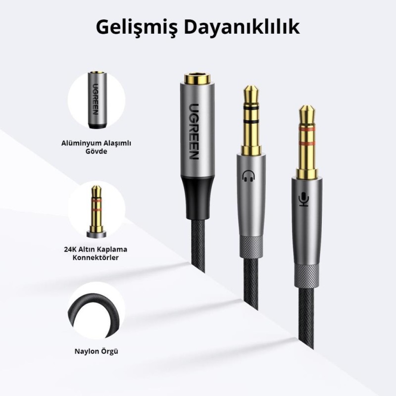 Ugreen Alüminyum Örgülü 3.5mm Kulaklık ve Mikrofon Ayırıcı Kablo