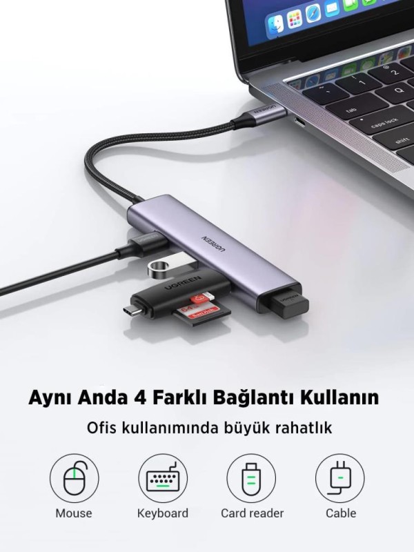 Ugreen Alüminyum Type-C to 4 Portlu USB 3.0 Çoklayıcı Adaptör