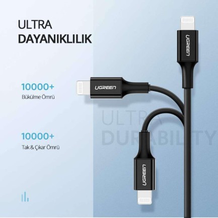 Ugreen Apple iPhone Type-C to Lightning Data ve Şarj Kablosu Siyah 1 Metre - Thumbnail