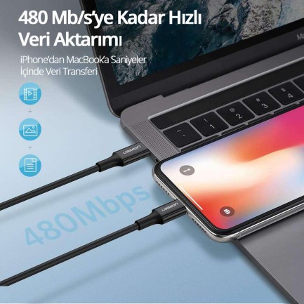 Ugreen Apple iPhone Type-C to Lightning Data ve Şarj Kablosu Siyah 2 Metre - Thumbnail