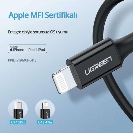 Ugreen Apple iPhone Type-C to Lightning Data ve Şarj Kablosu Siyah 2 Metre - Thumbnail