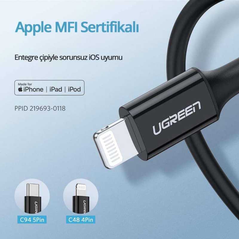 Ugreen Apple iPhone Type-C to Lightning Data ve Şarj Kablosu Siyah 2 Metre