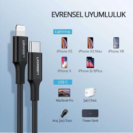 Ugreen Apple iPhone Type-C to Lightning Data ve Şarj Kablosu Siyah 2 Metre - Thumbnail