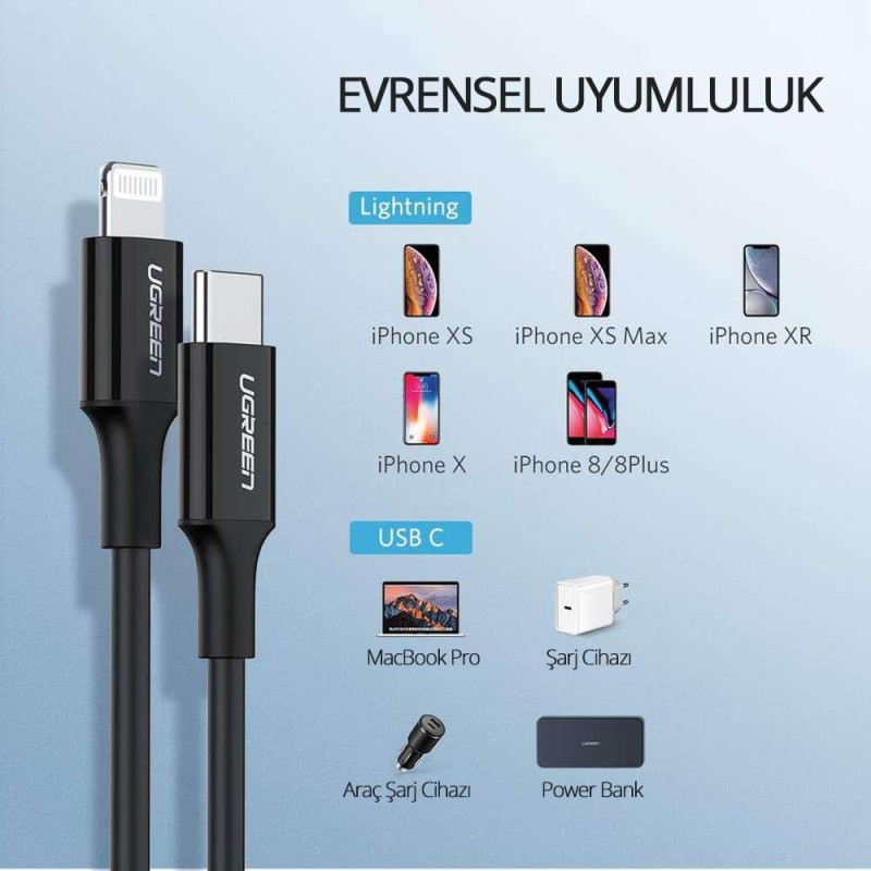 Ugreen Apple iPhone Type-C to Lightning Data ve Şarj Kablosu Siyah 2 Metre