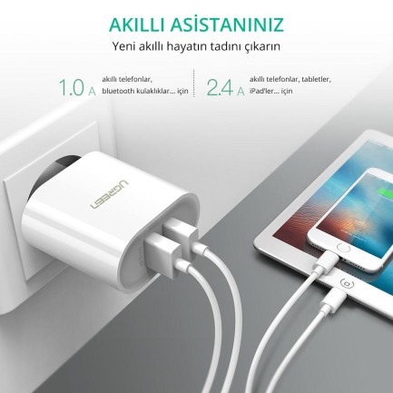 Ugreen Çift USB Çıkışlı Akıllı Şarj Cihazı Beyaz - Thumbnail