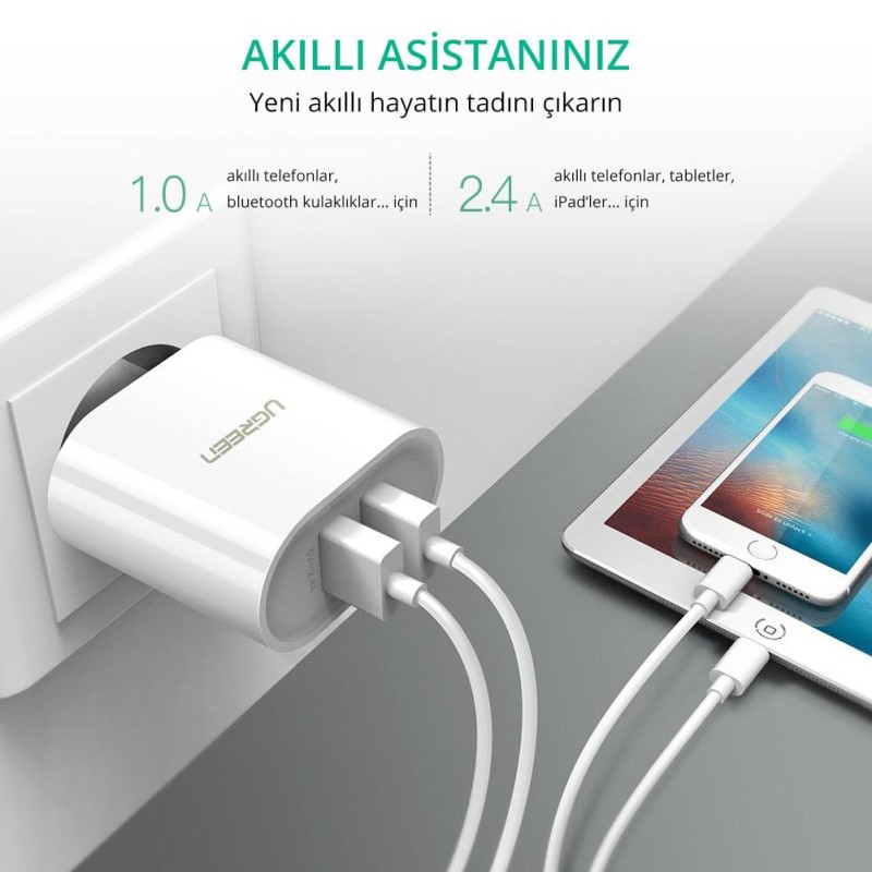 Ugreen Çift USB Çıkışlı Akıllı Şarj Cihazı Beyaz