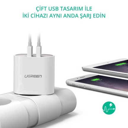 Ugreen Çift USB Çıkışlı Akıllı Şarj Cihazı Beyaz - Thumbnail