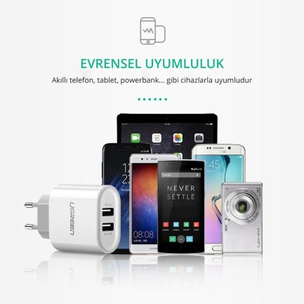 Ugreen Çift USB Çıkışlı Akıllı Şarj Cihazı Beyaz - Thumbnail