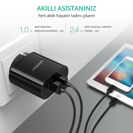 Ugreen Çift USB Çıkışlı Akıllı Şarj Cihazı Siyah - Thumbnail