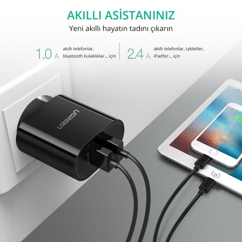 Ugreen Çift USB Çıkışlı Akıllı Şarj Cihazı Siyah