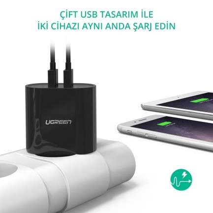 Ugreen Çift USB Çıkışlı Akıllı Şarj Cihazı Siyah - Thumbnail