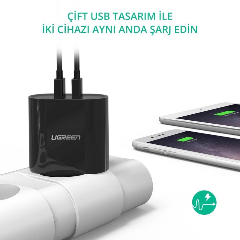 Ugreen Çift USB Çıkışlı Akıllı Şarj Cihazı Siyah