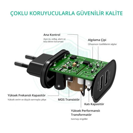 Ugreen Çift USB Çıkışlı Akıllı Şarj Cihazı Siyah - Thumbnail