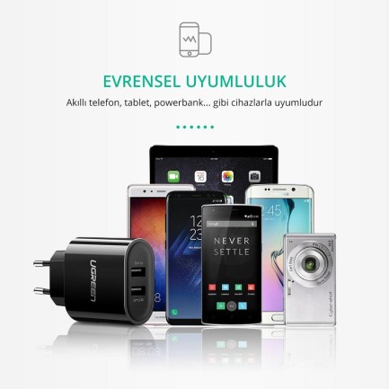 Ugreen Çift USB Çıkışlı Akıllı Şarj Cihazı Siyah - Thumbnail