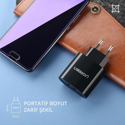 Ugreen Çift USB Çıkışlı Akıllı Şarj Cihazı Siyah - Thumbnail