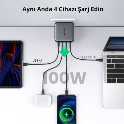 Ugreen Gan X 100W 4 Portlu PD USB-C Hızlı Şarj Cihazı - Thumbnail