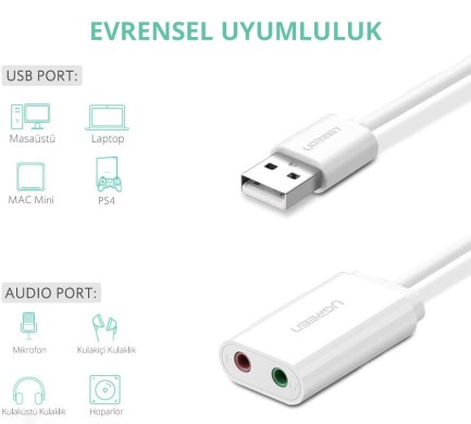 Ugreen Harici 3.5mm USB Ses Kartı Beyaz - Thumbnail