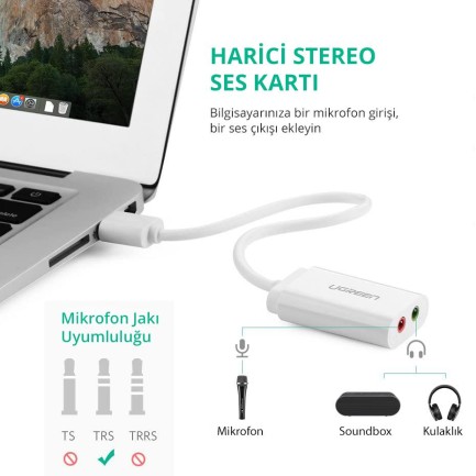 Ugreen Harici 3.5mm USB Ses Kartı Beyaz - Thumbnail