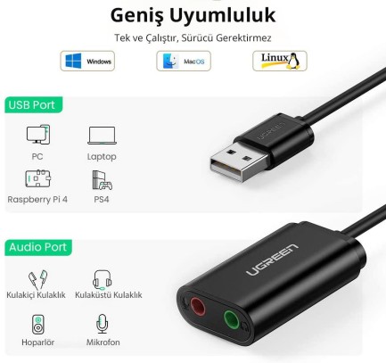 Ugreen Harici 3.5mm USB Ses Kartı Siyah - Thumbnail